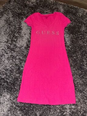 GUESS Hot Pink Short Sleeve Midi Dress with Embellished Logo
